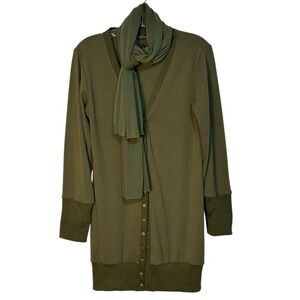 Merokeety Olive Green Knit Cardigan Sweater Scarf Set Long Sleeve Button Down M‎
